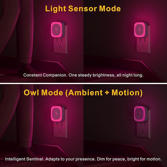 YUNLEX 2 Pack Plug in Night Light with Motion Sensor & Dusk to Dawn Sensor, Soft Pink Glow for Bedroom, Hallway, Girls Room, 3 Sensor Modes, Auto ON/Off, Dimmable Nightlight for Bathroom