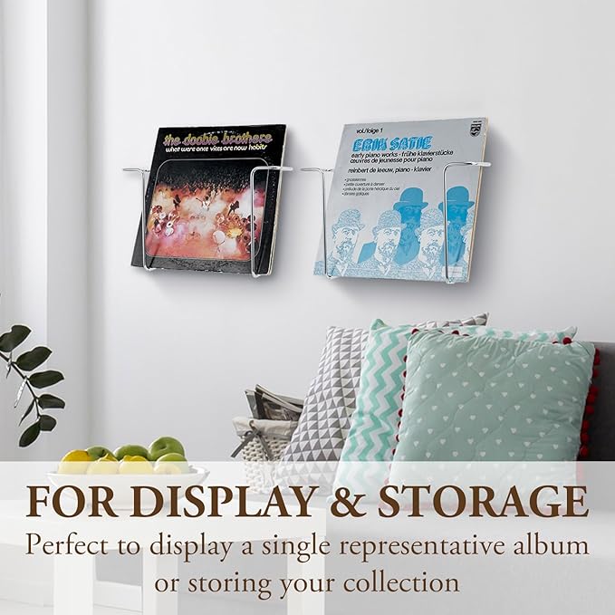 MyGift Modern Metal Wire Wall Mounted Vinyl Records Storage Racks, Hanging LP Record Holders, Floating Album Cover Display Shelves, Set of 2 (Silver-2 Pcs)