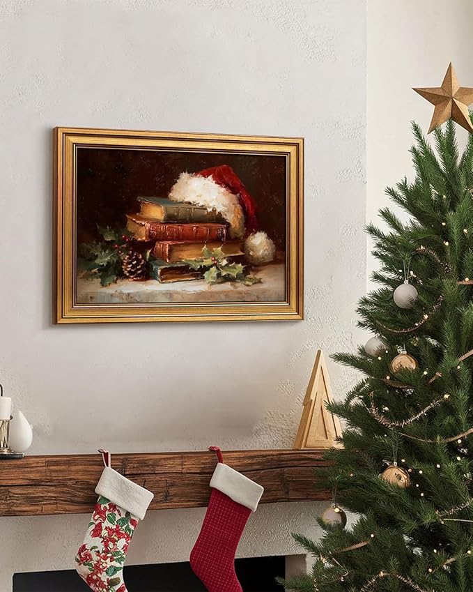 Bzstyleart Vintage Wall Art Decor for Living Room, Vintage Santa Hat Wall Art Christmas, 12 x 16 Inch Christmas Canvas Decorations for Home, Canvas Picture Print