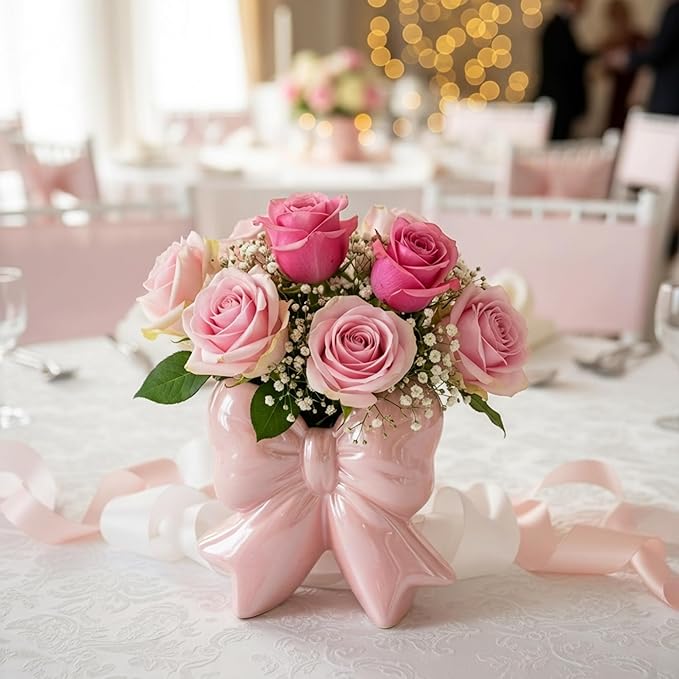 Jingmore Iridescent Pink Bow Vase Coquette Ceramic Vase Pen Holder Makeup Brush Holder Contemporary Design Women Decorative Gift for Wedding Home Office Shelf Table Room(Small, Classic)