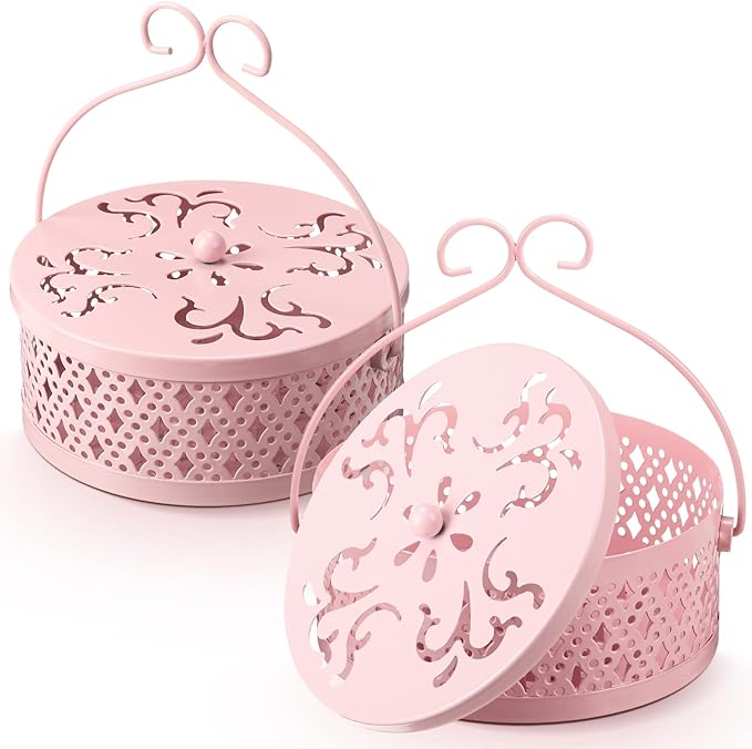 Lallisa 2 Pieces Incense Coil Holder Mosquito Coil Holder Retro Portable Round Metal Hanging Incense Burner Holders with Handle for Home Indoor Outdoor Camping Patio (Pink)