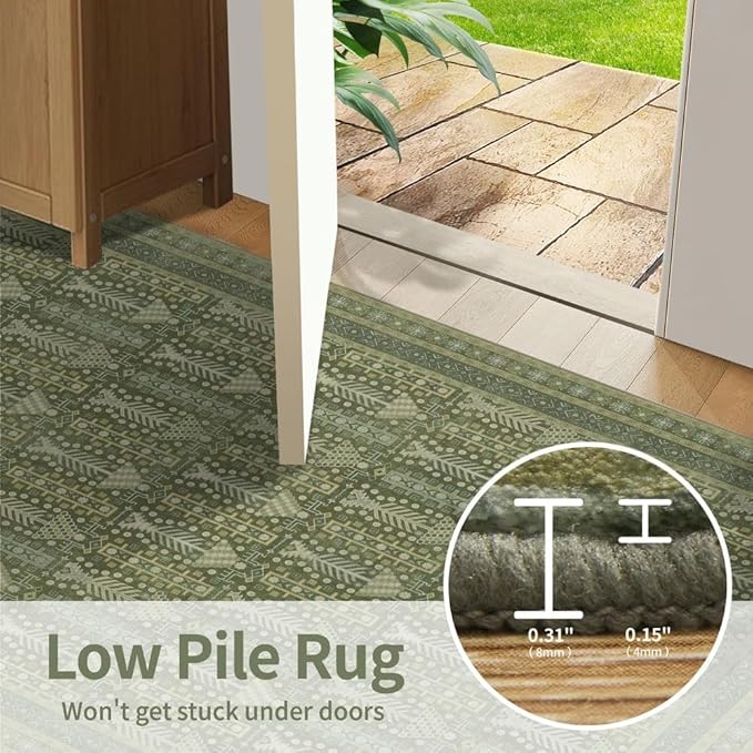 Rugxara 5x7 Washable Area Rugs for Bedroom & Living Room - Floral Boho Vintage Rug,Soft & Non-Slip,Low Pile Wool Carpet for Indoor Dining Room,Girls Room,Nursery Room and Kids Room(Olive Green)