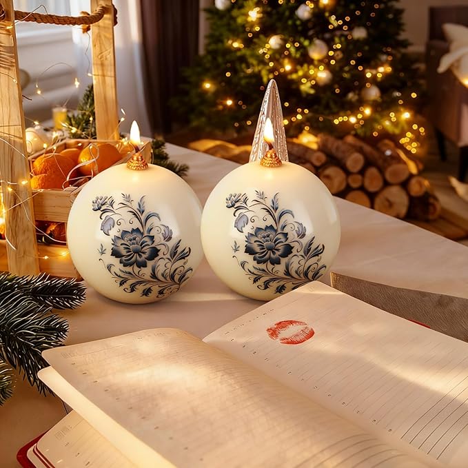 Conelist 3 Pcs 3" Chinoiserie Porcelain Decor Round Ball Candles Blue and White Floral Round Pillar Candles Set Unscented for Spring Tables Centerpiece Bridal Wedding Shower Home Decoration Party Gift