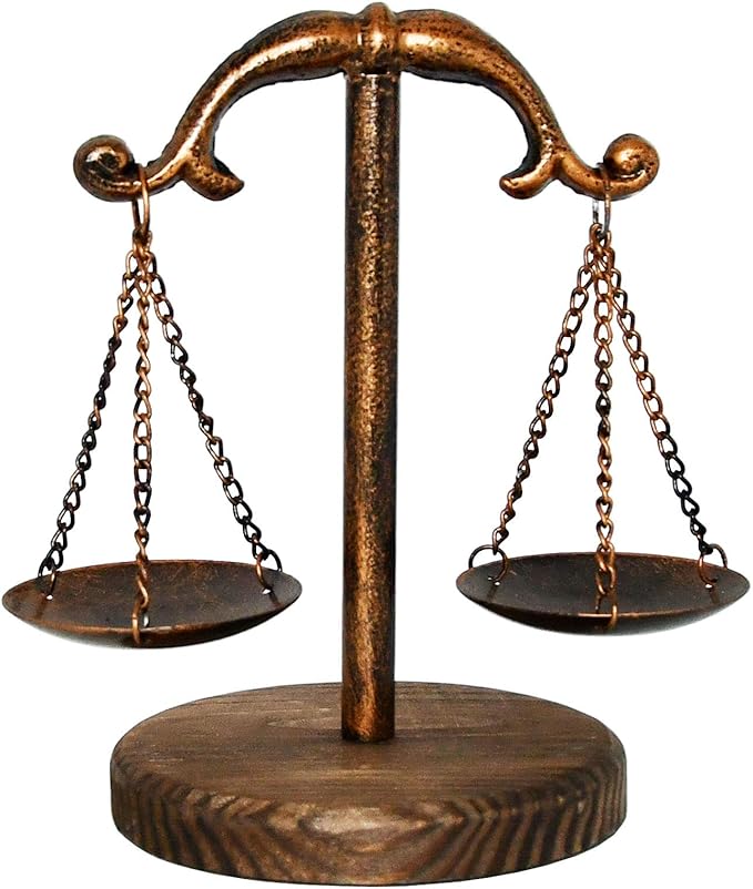 Owlgift Vintage Style Metal Libra Jewelry Tower Tray w/Wooden Base Cosmetic Organizer Storage, Lawyer Scale of Justice, Farmhouse Candleholder, Home Décor Antique Weight Balancing Scale – Bronze