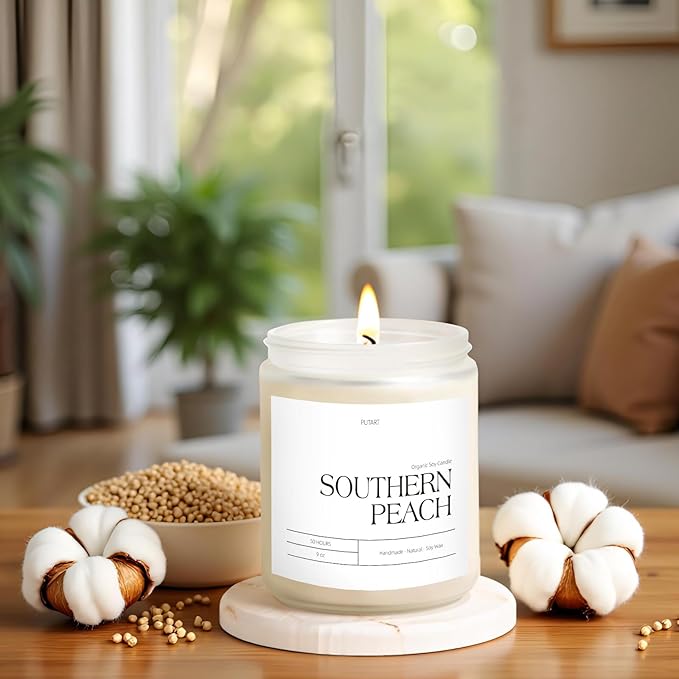 Peach Scented Candles for Home, 9oz Natural Soy Wax Aromatherapy Organic Peach Candle for Stress Relief, Long Burning & Lasting Jar Candle Gifts for Halloween, Birthday, Christmas, Thanksgiving