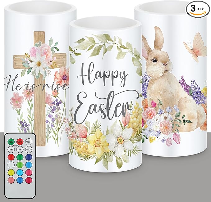 Retisee 3 Pcs Easter Flameless LED Candles Battery Operated Bunny Flower Spring Flickering Pillar Candles with Remote Rabbit Happy Easter Centerpiece for Bedroom Living Room Dinner Table Decoration