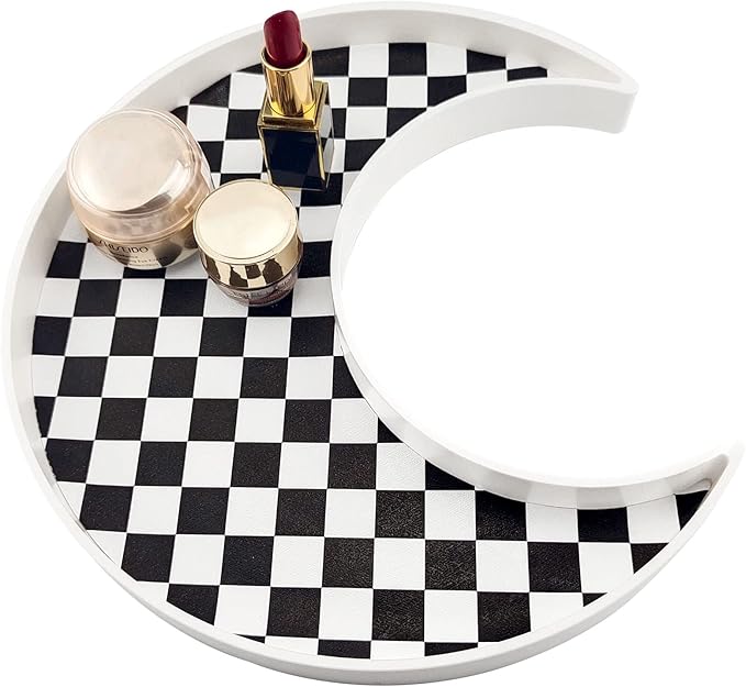 Ciandid Checkered Moon Shape Jewelry Tray - Decorative Organizer for Makeup, Perfume, Dresser, Vanity, Bathroom, Coffee Table, Ottoman