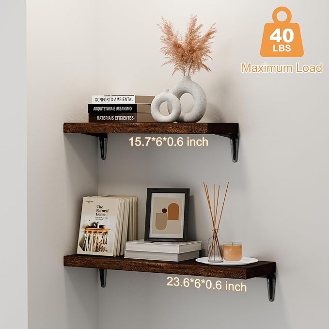 SKYSEN Floating Shelves for Wall Set of 6, 15.7in Wood Wall Shelf for Decor, Bathroom, Bedroom, Storage, Book,Kitchen, Living Room - Dark Brown(fs-40-d)