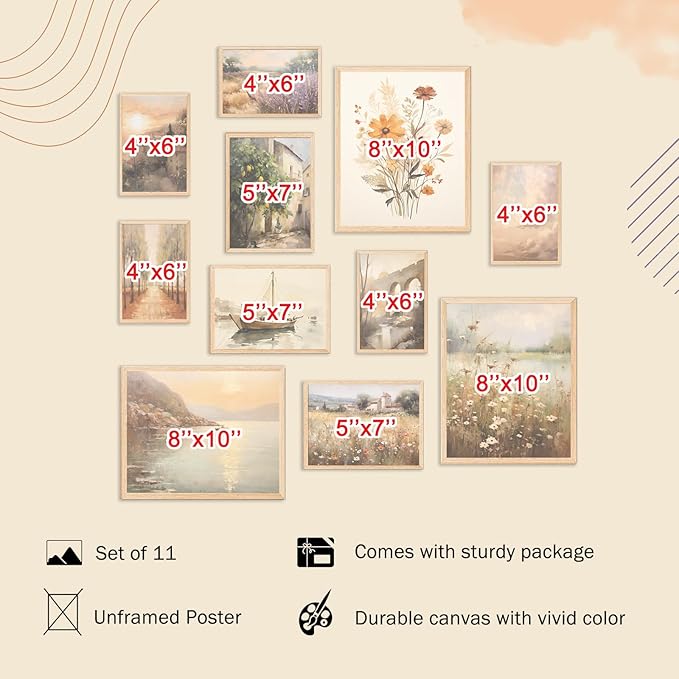 KBKBART 11pcs Vintage Wall Art Prints, Neutral French Country Decor, Vintage Landscape Canvas Paintings, Italian Countryside Autumn Wildflower Decor Poster Pictures for Bedroom-UNFRAMED