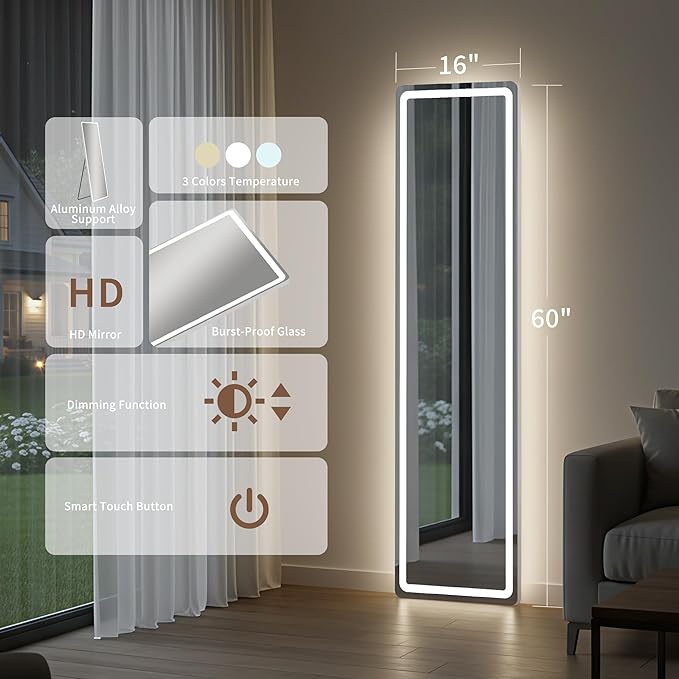 Full Length Mirror with LED Lights, 60"x16"Floor Mirror with Dimming & 3 Color Lighting, Free Standing Floor Mirrors, Lighted Full Body Mirrors for Bedroom, Dressing Room, Cloakroom
