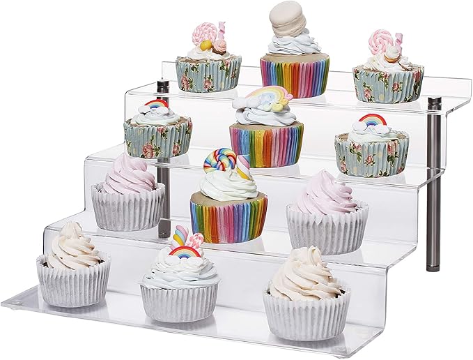 CECOLIC Acrylic Riser Shelf 4 Tier Clear Display Stand for Collectibles Pop Figures, Cupcakes, Perfumes, Display Risers for Decorating & Organizing - 11.8 x 10.8 x 6.5 in (Large, 1 Pack)