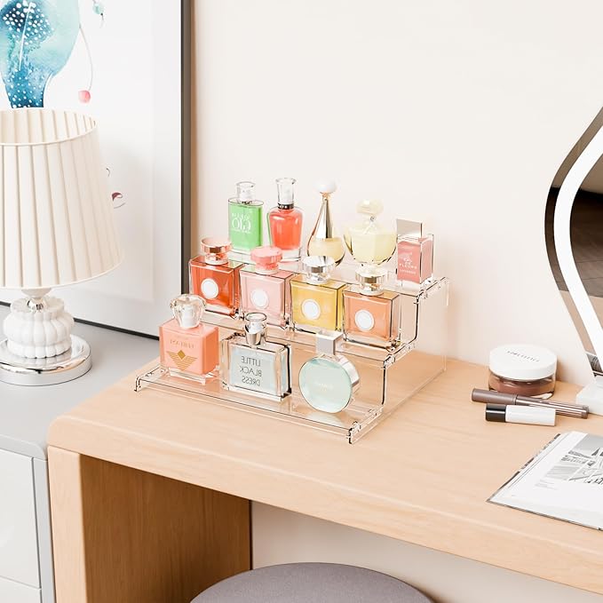 Yieach 3 Tier Acrylic Sands for Display,12 Inch Perfume Organizer,Cologne Stand,Cupcake Display and Funko Pop Stands,Clear Tiered Tray Stand,Acrylic Riser for Figure,Collectibles,Makeup or Spice Shelf