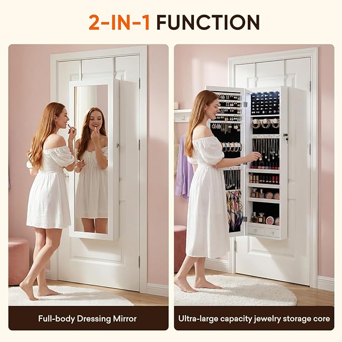 Antok 6 LEDs Jewelry Cabinet with Lock, 50" Full Length Mirror Wall Mounted or Over The Door Jewelry Organizer, Large Capacity Storage for Bedroom&Cloakroom&Entryway, Gift for Women, White