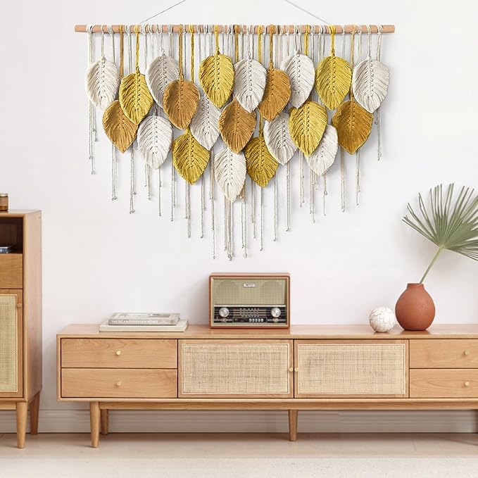 KHOYIME Large Macrame Wall Hanging Boho Woven Tapestry, Bohemian Farmhouse Handmade Yellow Leaf Feather Wall Art Chic Modern Home Decoration for Living Room Bedroom Nursery Dorm Backdrop 39"W X 29.5"L