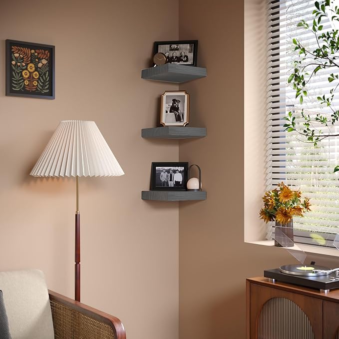 PopiShelves Small Floating Shelves for Wall - 9 Inch Mini Square Grey Shelves for Bedroom, Living Room, Bathroom, Kitchen, Office Decor Set of 3