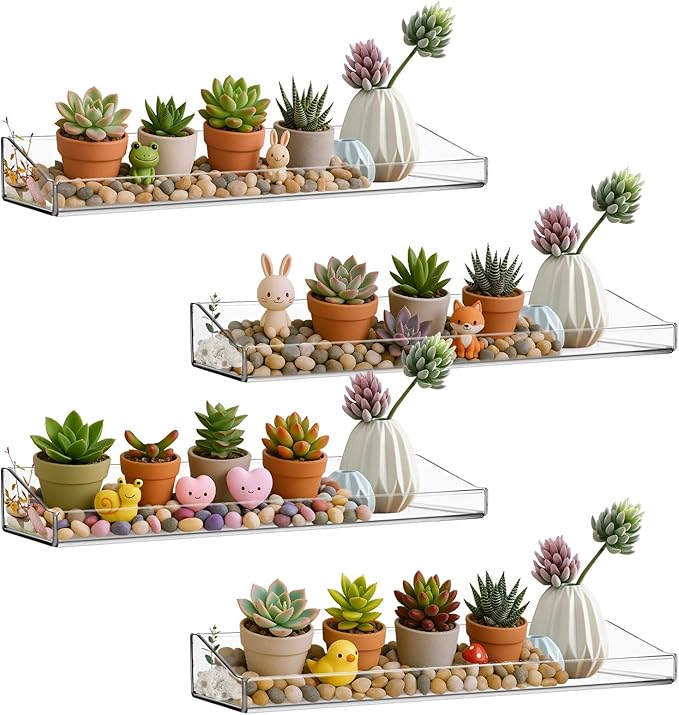 4 Pack Acrylic Shelves for Bathroom Wall with Adhesive,No Drilling Floating Shelves,Room Decor, Wall Shelf Organizer for Collectibles,Makeup,Perfume,Invisible Bookshelf