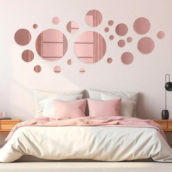 Shappy 32 Pcs Acrylic Mirror Wall Stickers Removable Round Wall Decal Circle Mirror Tiles for Home Bathroom Living Room Bedroom TV Background Decor (Pink,Medium Size)