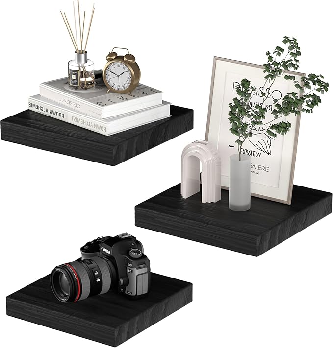 PopiShelves Small Floating Shelves for Wall - 9 Inch Square Black Shelves for Bedroom, Living Room, Bathroom, Kitchen, Office Decor Set of 3