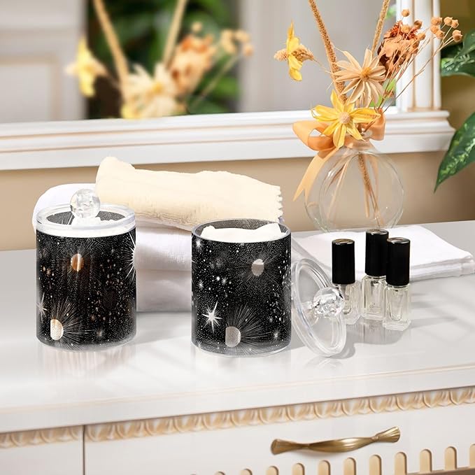 2 Pack Apothecary Jars Retro Dark Stars Sun Bathroom Vanity Storage Organizer Set,Small Clear Plastic Storage Jars Bathroom Canister for Cotton Swabs, Rounds, Balls, Qtips,Makeup Sponges, Floss