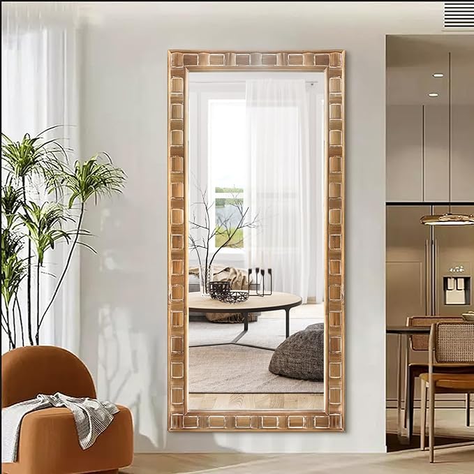 POZINO Full Length Mirror with Solid Wood Frame, 65"X30" Farmhouse Wooden Floor Mirror for Dressing, Large Rustic Rectangle Wall Mirrors for Living Room Bathroom Bedroom, Horizontal Or Vertical