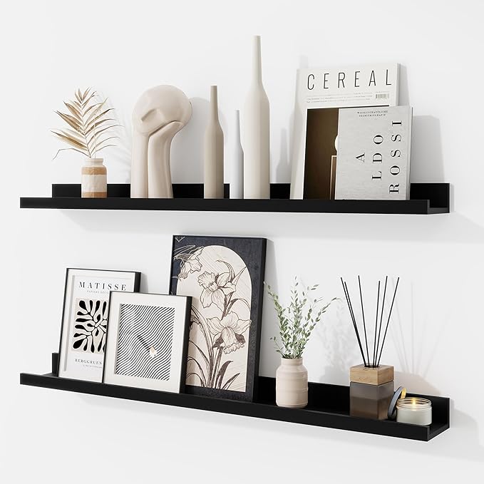 RICHFOCUS Picture Ledge Shelf, 30 inch Floating Shelves Set of 2, Wood Wall Shelves with Lip, Wall Decor Storage for Bedroom Living Room Bathroom Kitchen Nursery Photo Picture, Black