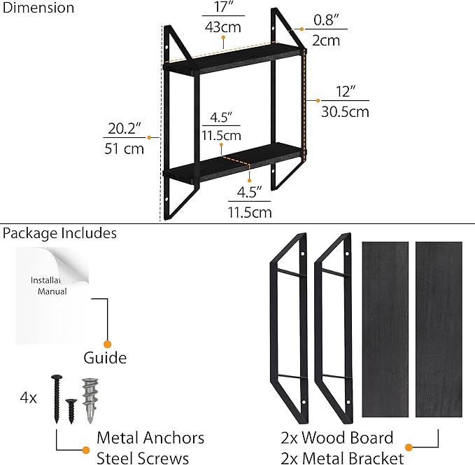 Wallniture Ponza Floating Shelves for Wall, Bathroom Organizer, 2 Tier Bookshelf Living Room, Kitchen Organization Black Wall Shelves for Office Decor