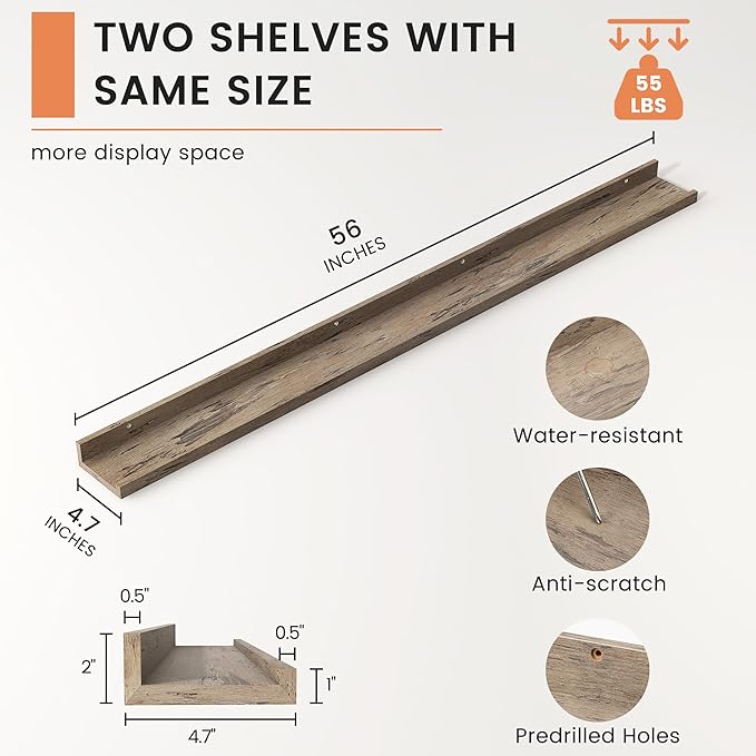 FLYJOE Picture Ledge Shelf, Floating Shelves Set of 2, 56 Inches Long Large Nursery Book Shelves for Toys Storage, Kids Bookshelf Wall Mounted for Living Room Bedroom Decor Books Photo Frames,Grey