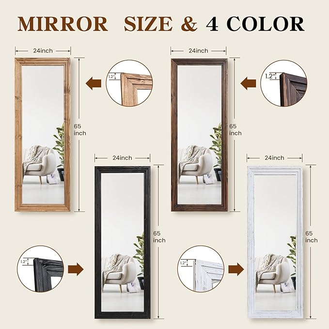 Full Length Mirror 65"x24" Solid Wood Frame Floor Large Mirror for Living Room, Bedroom Hanging or Leaning Wall-Mounted, White