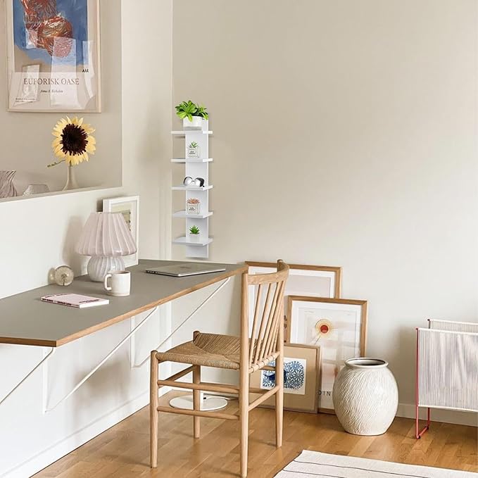 5 Tier Wall Shelf Unit - Narrow Smooth Laminate Finish - Vertical Column Wall Decor Mount Floating Storage Home Decor Organizer Tall Tower Utility Shelf for Bedrooms, Living Rooms(White)