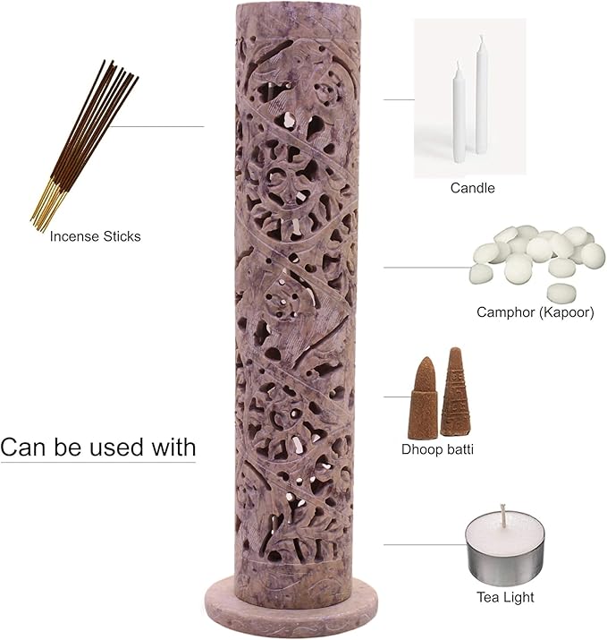 Carry Me Marble Soapstone Incense Stick Holder | Candle Burner | Tea Light Holder - Perfect Handmade Elephant Carving for Gifting. Decorative Home and Office Decor.(3 x 3 x 10.5 Inches)