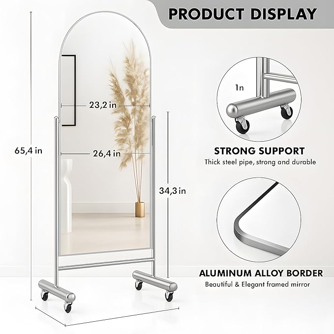 Arched Full Length Rolling Mirror on Wheels, 65"Lx24"W Large Modern Tilting Swivel Mirror with Tempered Glass & Metal Frame, Use for Dressing,Dance Studio,Fitness,Home Gym, Barbershop (Silver)