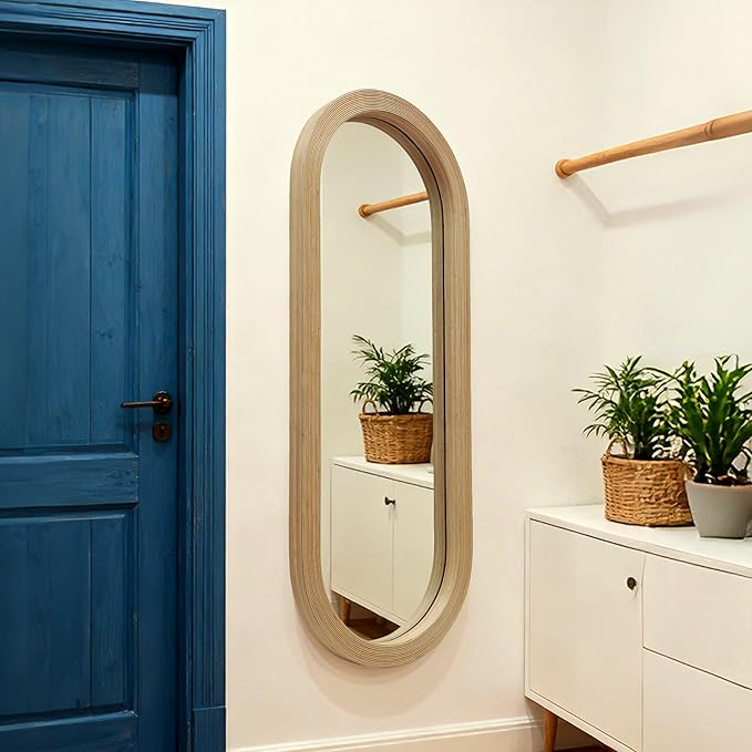 20" x 52" Oval Full Length Wall Mounted Mirror, Handwoven Natural Bamboo Frame (Warm Tone), Boho Coastal Mirror for Entryway, Bedroom, Dressing Room, Vertical & Horizontal Hanging