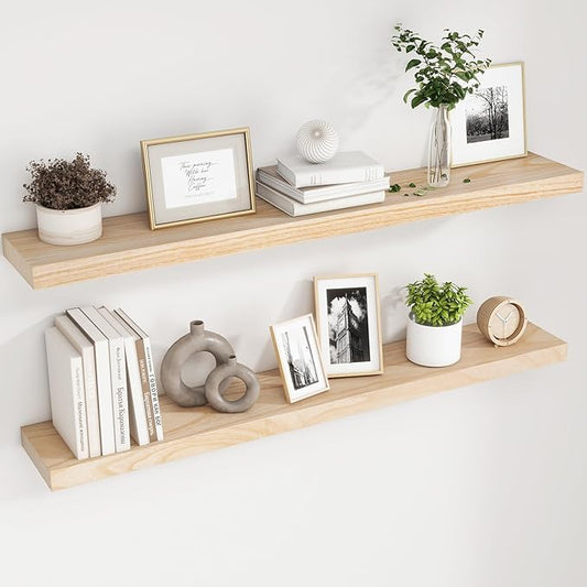 fuqing Natural Wood Floating Shelves, 48 Inch Wood Floating Shelves Set of 2, Natural Raw Wood Shelves for Living Room Bedroom Home Office - Natural
