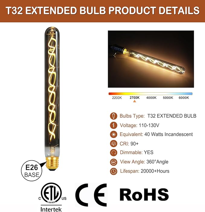40 Watt Decorative Vintage LED Light Bulbs, T32 Electroplated Bubble 4W LED Filament Edison Bulb,2700K Oversized Warm Lights,Dimmable E26 Lamp Base,1-Pack