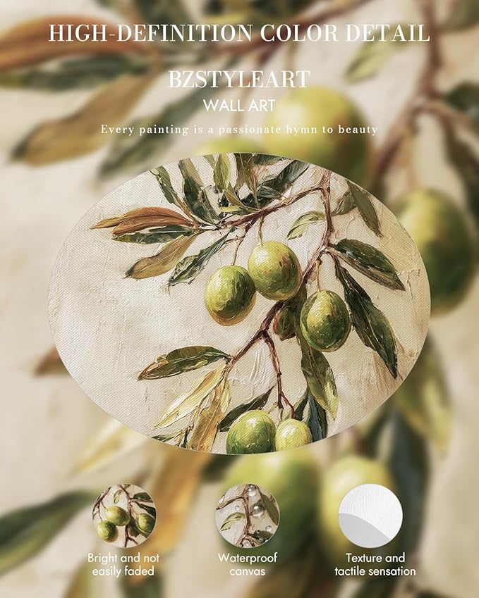 Bzstyleart Vintage Wall Art Decor for Bedroom, Oil Painting Olive Branch Botanical Wall Art, Vintage Botanical Painting, Room Decor Aesthetic for Kitchen, 12 x 16 Inch