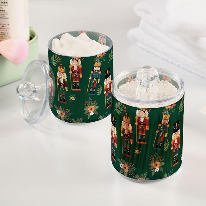 Christmas Nutcracker Green Bathroom Containers Holder with Lids Set Clear Jars 2 Pack Plastic Makeup Storage Organizer 4.13 x 2.75In for Cotton Swabs Hair Clips Pads