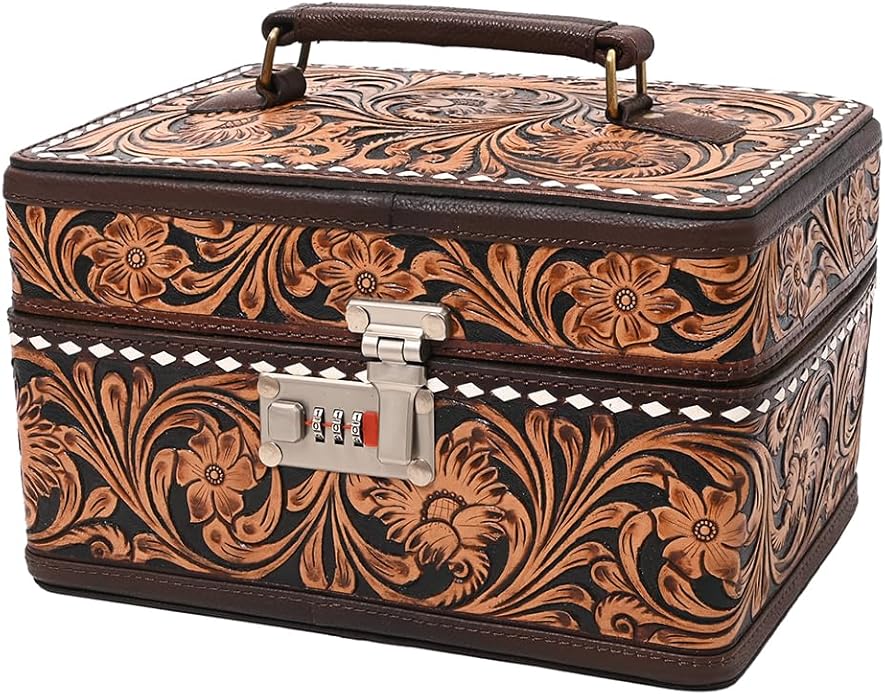 American Darling Hand Tooled Floral Carved Vegetable-Tanned Full Grain Genuine Leather Jewelry Case with YKK Zipper