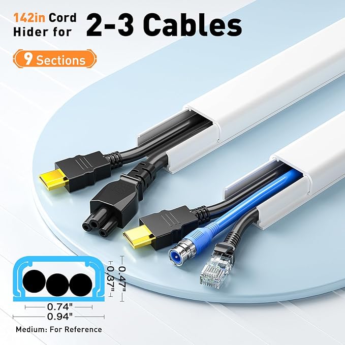 Delamu Cord Hider, 142in Cable Hider, Cord Covers for 2-3 Wires on Wall, Wire Covers for Cords, Wire Hiders for TV on Wall, Easier Setup Cable Cover Cable Management, W0.94 H0.47in, White