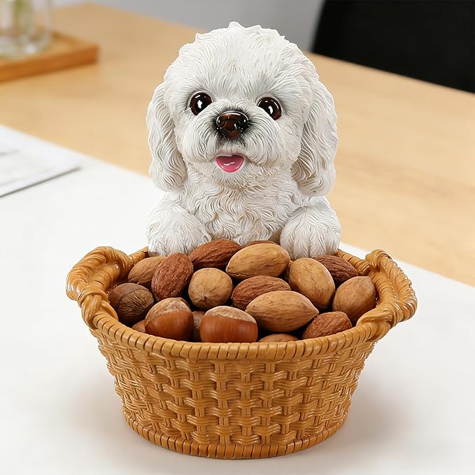 Dog Resin Storage Basket, Desktop Organizer for Remote & Keys, Cute Home Decor Tray, Ideal present for Pet Lovers.(White Bichon Frise)