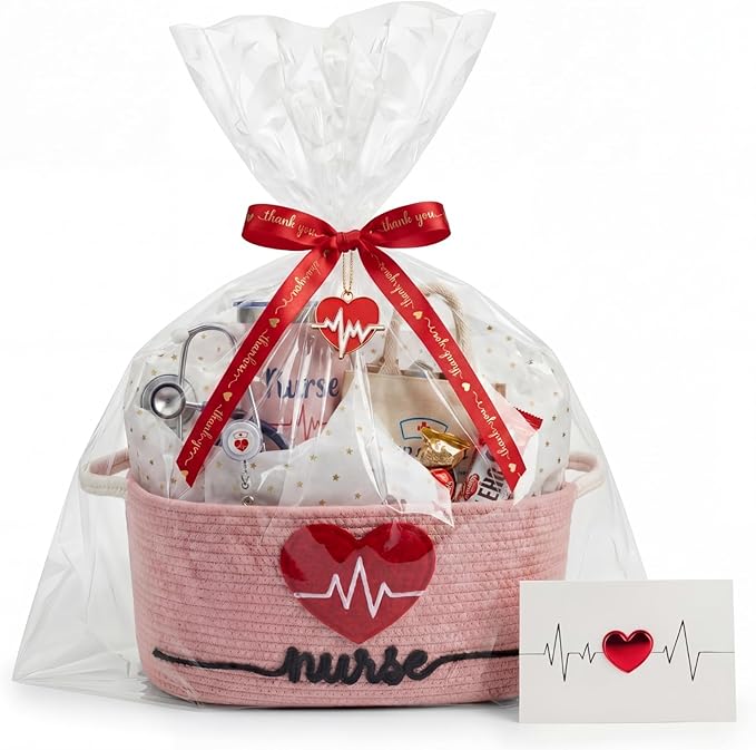 Colingmill 2026 Graduations & Nurses Week Gift Basket Empty to Fill, Woven Rope Basket 15" x 11" x 6" Decorative Storage Baskets with Gift Bag, Bow, Tissue Paper & Year Charm(Pink)