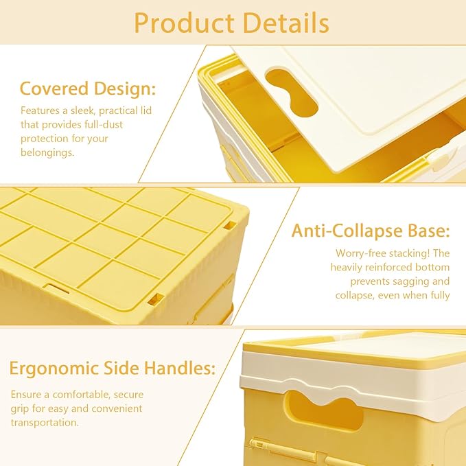 Tobeso-Nuoze Pastel Plastic Storage Bin with Lid Small Cute Foldable Pastel Crates Plastic Basket Colorful Storage Containers Baskets for Classroom Kitchen Office Bedroom Desktop Home Decor (Yellow)