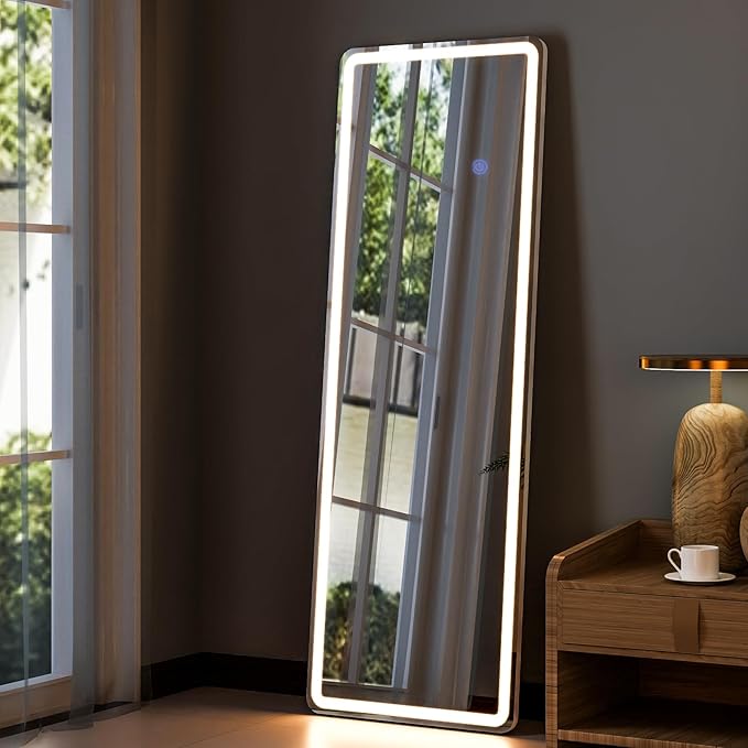 GLSLAND LED Full Length Mirror 60"x16" Floor Mirror with Stand, Wall Mounted Hanging Free Standing Full Body Mirror with Lights for Bedroom Living Room, White