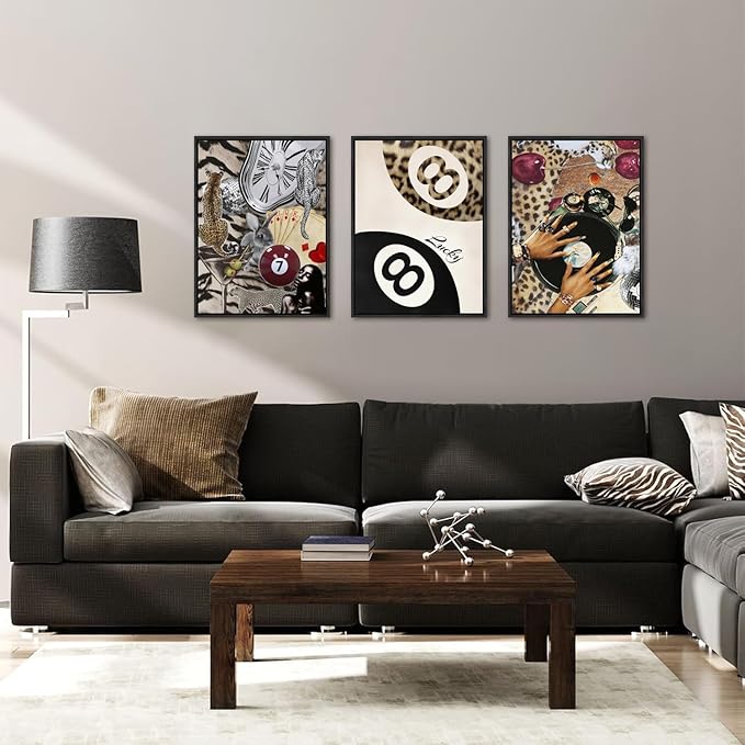 Fashion Cheetah Wall Art Set of 3 Leopard Wall Decor Pictures Lucky 8 Ball Poster Canvas Painting Prints Dark Red Cheetah Artwork for Bedroom Living Room 16x24 inch Black PS Framed
