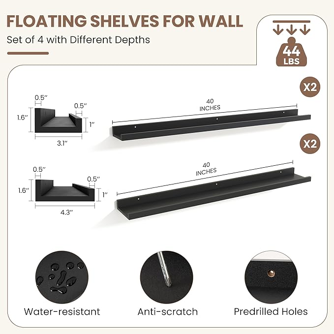Fun Memories Picture Ledge Shelf, Black Floating Shelves Set of 4, 40 Inch Picture Shelves for Wall with Ledge, Large Nursery Book Shelf for Toys Storage, Living Room, Bedroom Decor Frames