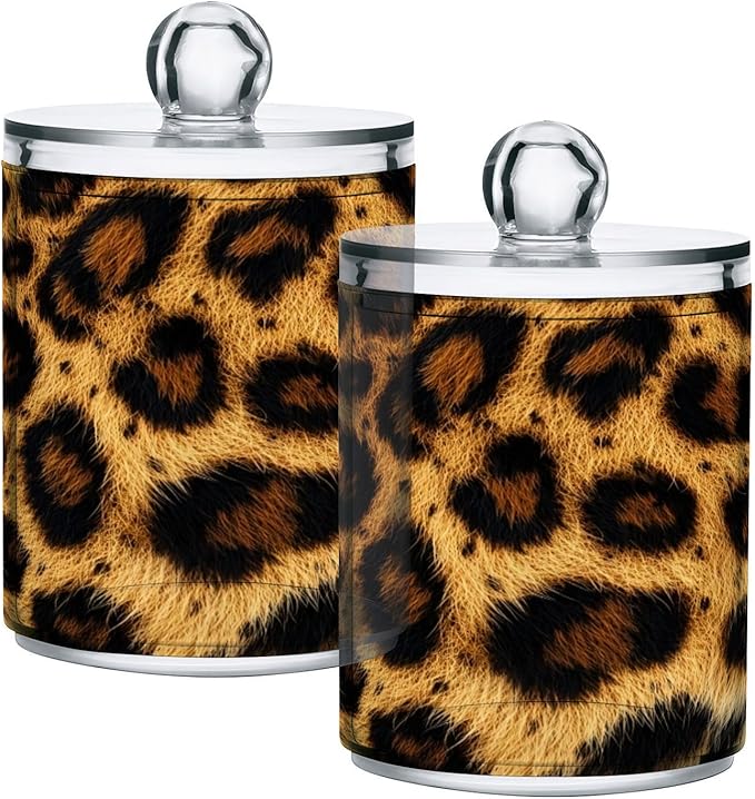 Nander 2Pack Beautiful Brown Leopard Print Qtip Holder Dispenser -Clear Plastic Apothecary Jars Set - Restroom Bathroom Makeup Organizers Containers for Cotton Swab, Ball, Pads, Floss