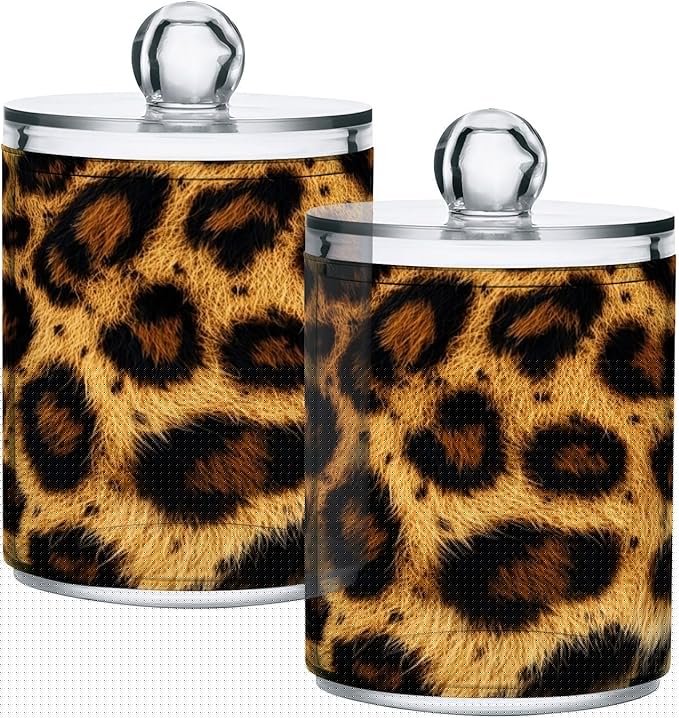 Nander 4Pack Beautiful Brown Leopard Print Qtip Holder Dispenser -Clear Plastic Apothecary Jars Set - Restroom Bathroom Makeup Organizers Containers for Cotton Swab, Ball, Pads, Floss