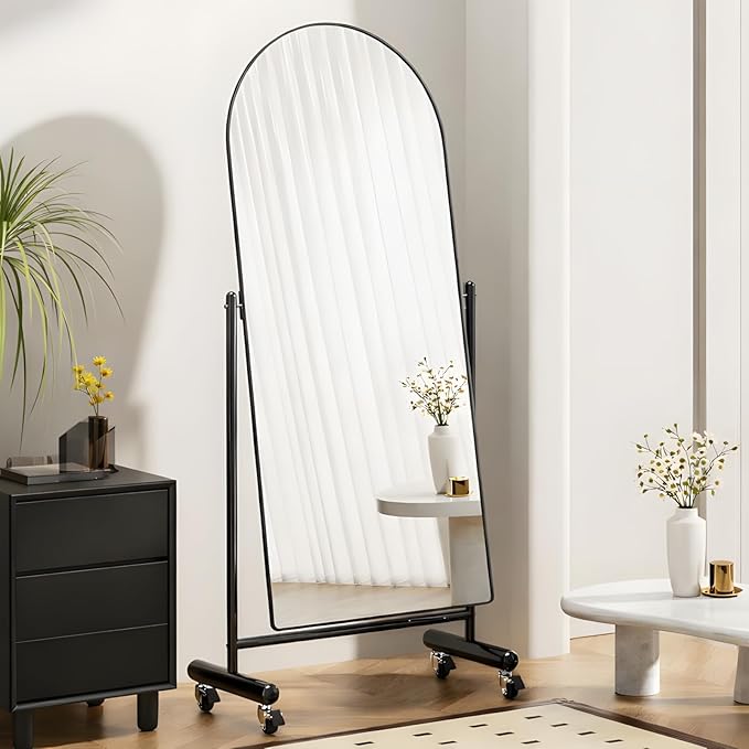 Arched Full Length Rolling Mirror on Wheels, 65"Lx24"W Large Modern Tilting Swivel Mirror with Tempered Glass & Metal Frame, Use for Dressing,Dance Studio,Fitness,Home Gym, Barbershop (Black)