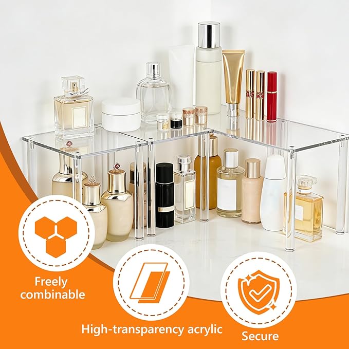 3 PCS Acrylic Corner Countertop Organizer, 2-Tier Adjustable Stackable Shelves(1 Large 2 Small), Clear Storage Rack for Kitchen Bathroom Cabinet Tabletop Coffee Bar and Spice
