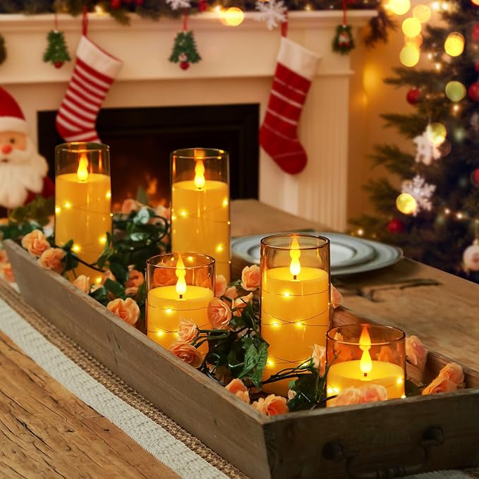 Homemory Acrylic Flameless Candles with Embedded Star String Fairy Lights, Battery Operated Candle, LED Candles, Fake Candles with Remote Control and Timer for Halloween, Amber, Set of 5(H4"5"6"8"8")