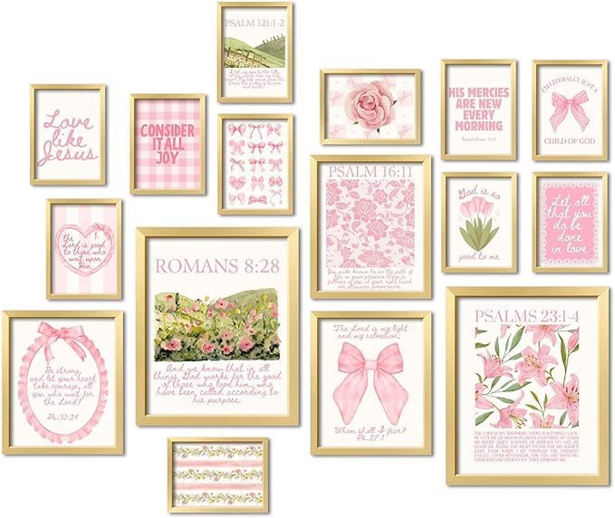 16 PCS Framed Christian Coquette Wall Art Decor, Pink Bow Bible Verses Wall Collage Kit Prints for Bedroom, Gallery Wall Frame Set, Jesus Posters for Living Room Aesthetic, Dorm Artwork for Girls Kids